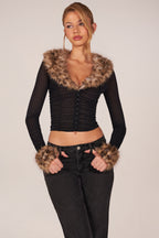 Chic Faux Fur-Trim Sheer Mesh Cardigan in Black