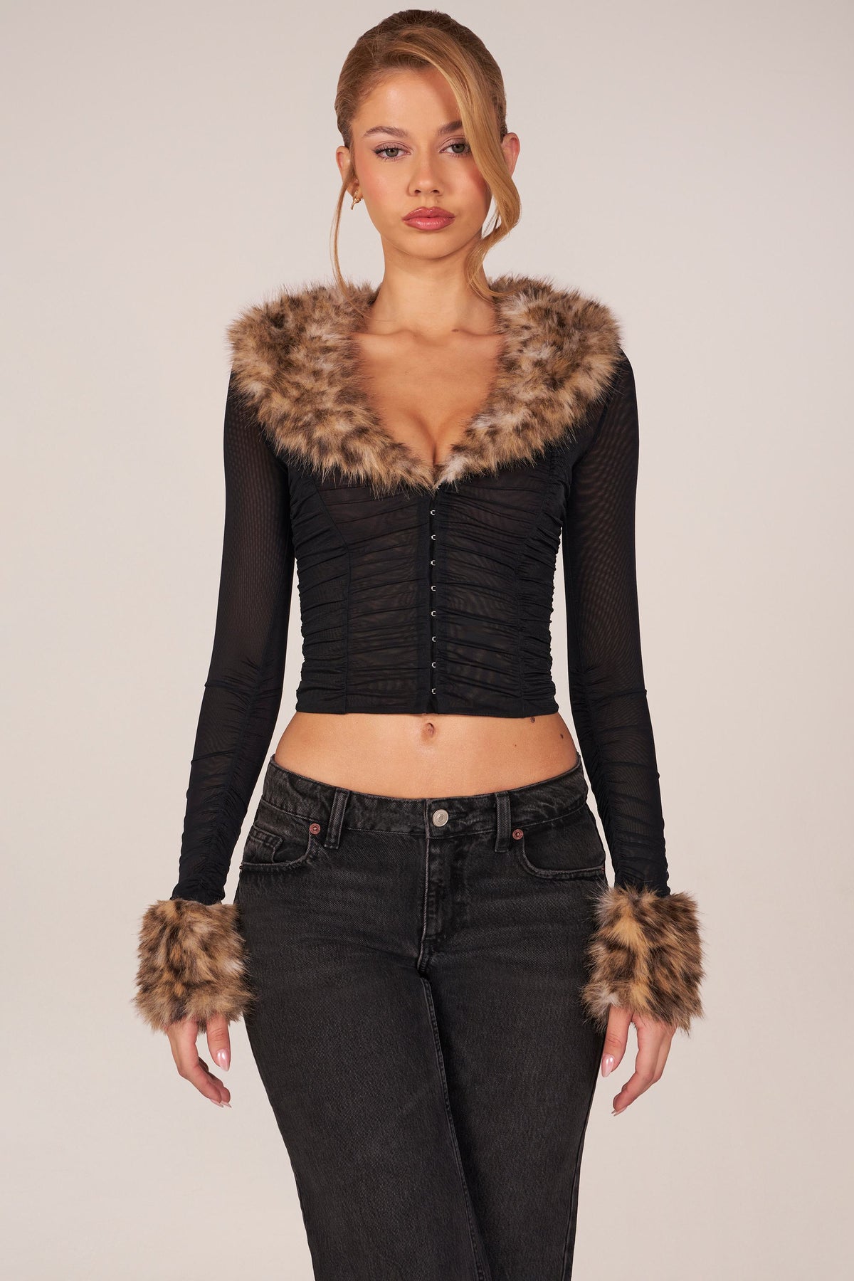 Chic Faux Fur-Trim Sheer Mesh Cardigan in Black