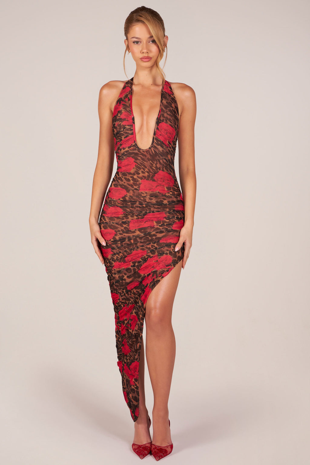Chic Halterneck Split Hem Midaxi Dress in Rose Leopard Print