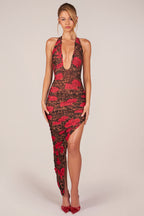 Chic Halterneck Split Hem Midaxi Dress in Rose Leopard Print