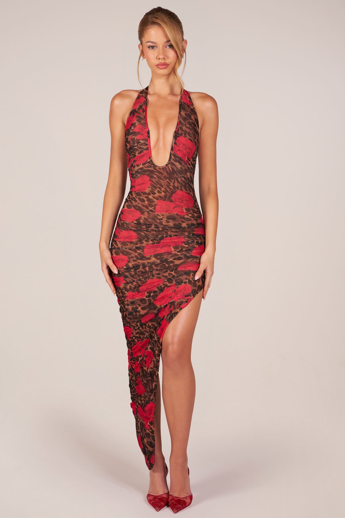 Chic Halterneck Split Hem Midaxi Dress in Rose Leopard Print