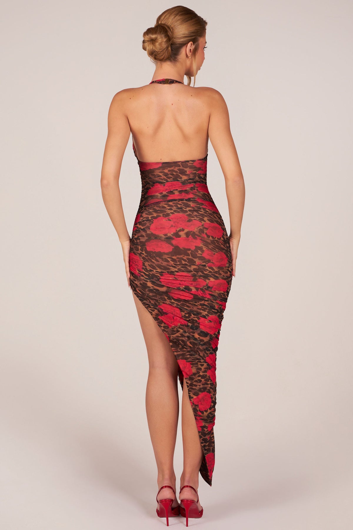 Chic Halterneck Split Hem Midaxi Dress in Rose Leopard Print