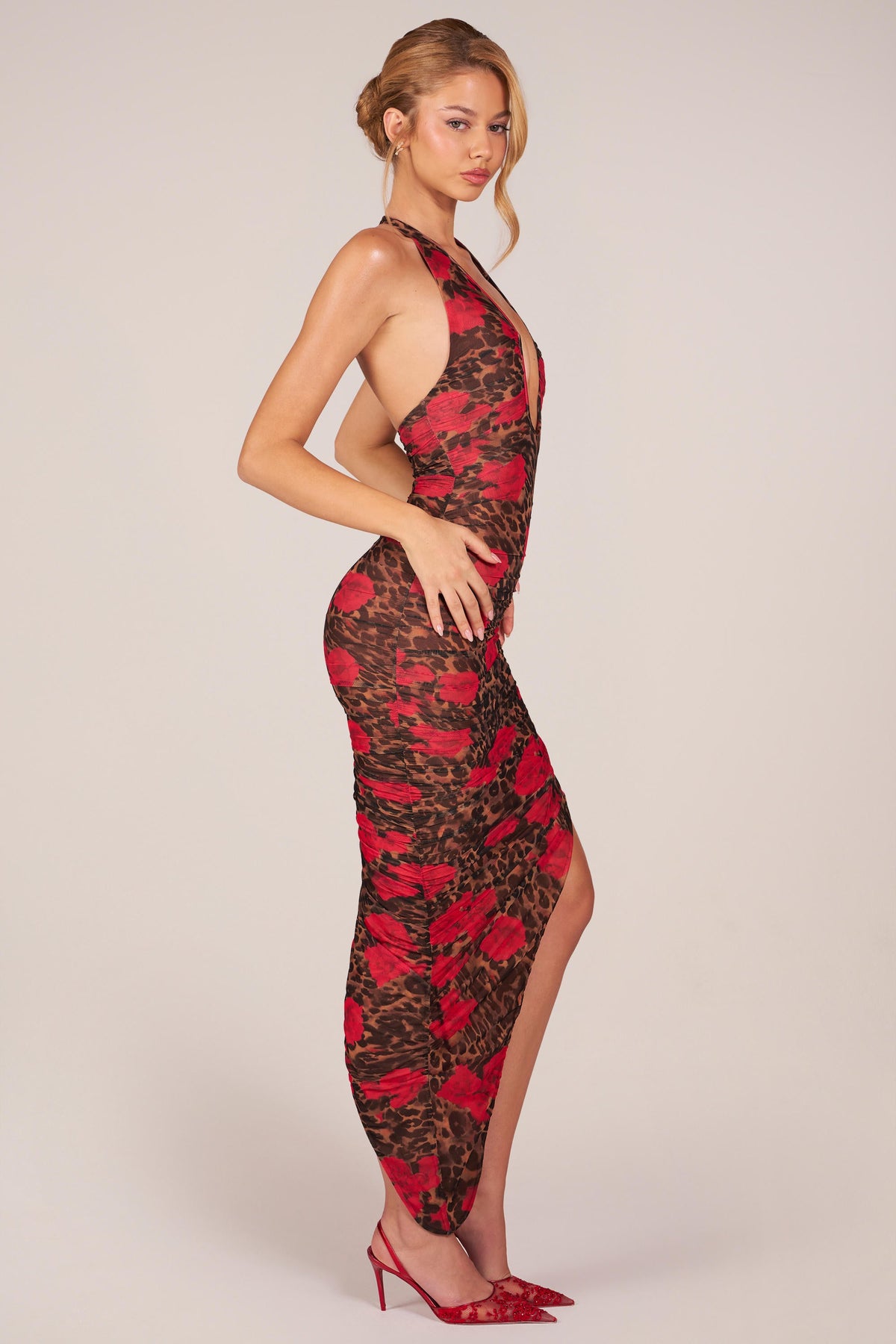 Chic Halterneck Split Hem Midaxi Dress in Rose Leopard Print
