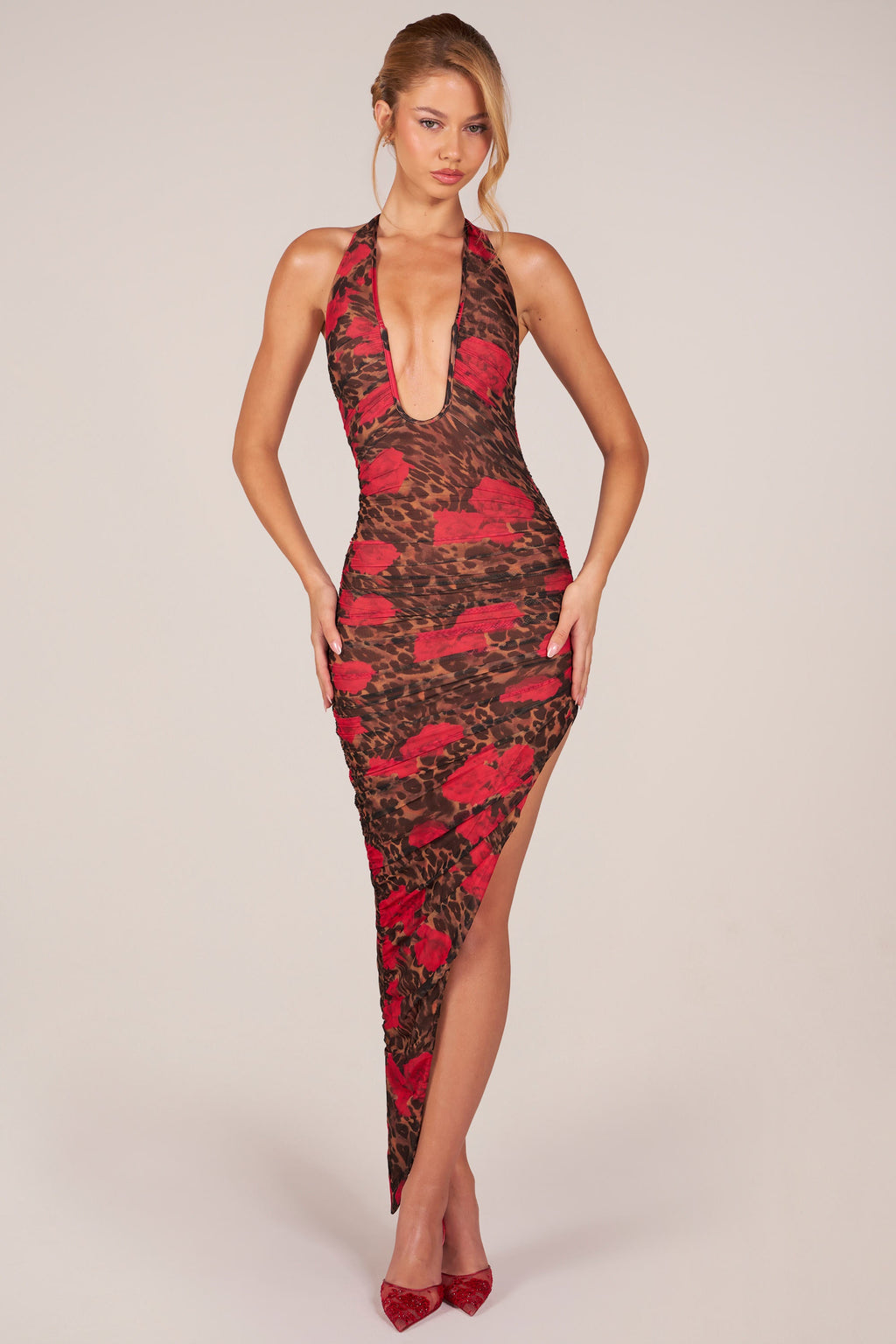 Chic Halterneck Split Hem Midaxi Dress in Rose Leopard Print