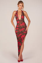 Chic Halterneck Split Hem Midaxi Dress in Rose Leopard Print