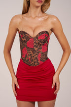 Chic Bandeau Draped Skirt Mini Dress in Rose Leopard Print
