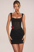 Chic Corseted Draped Skirt Mini Dress in Black