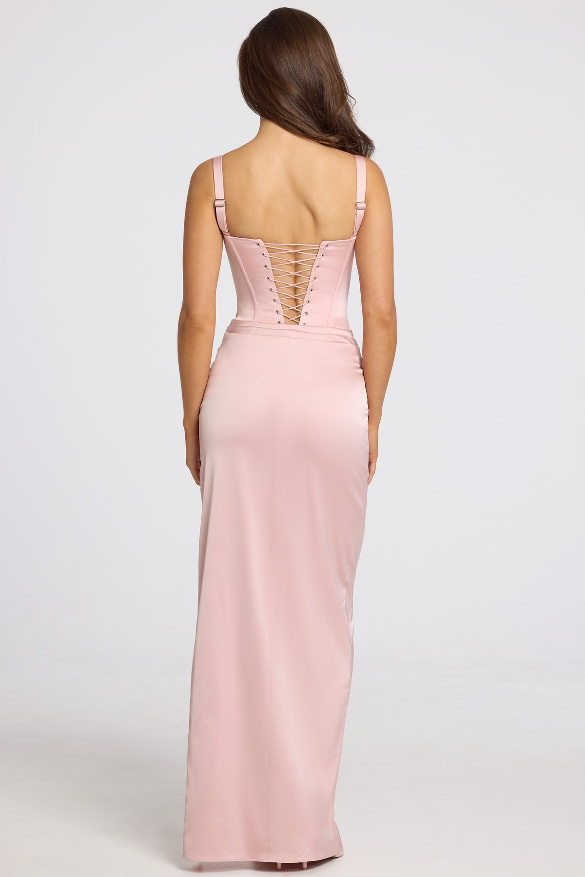 Chic Corseted Thigh-High Split Maxi Dress in Blush Pink