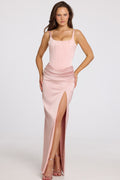 Chic Corseted Thigh-High Split Maxi Dress in Blush Pink