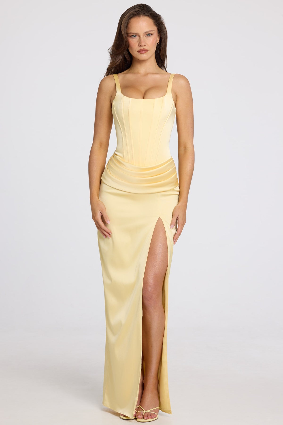 Chic Corseted Thigh-High Split Maxi Dress in Butter Yellow