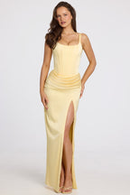 Chic Corseted Thigh-High Split Maxi Dress in Butter Yellow