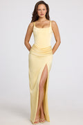 Chic Corseted Thigh-High Split Maxi Dress in Butter Yellow