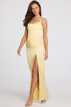 Chic Corseted Thigh-High Split Maxi Dress in Butter Yellow