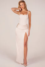 Chic Corseted Thigh-High Split Maxi Dress in Pearl