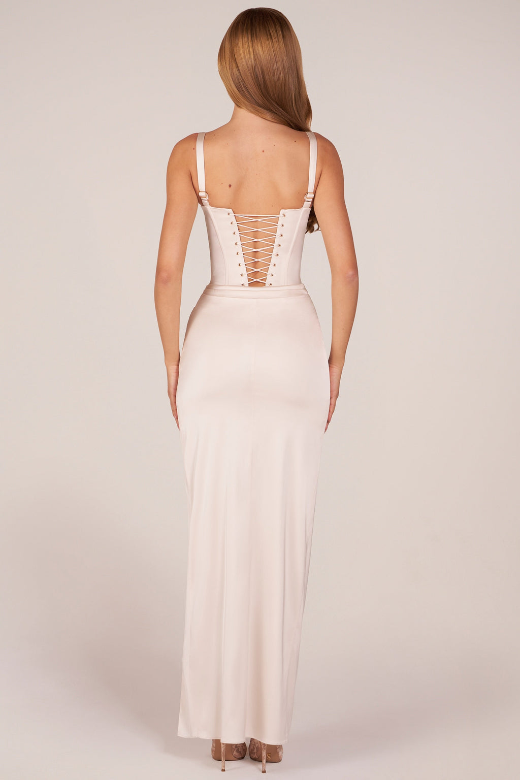 Chic Corseted Thigh-High Split Maxi Dress in Pearl