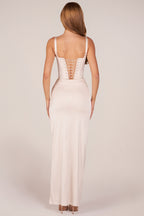 Chic Corseted Thigh-High Split Maxi Dress in Pearl