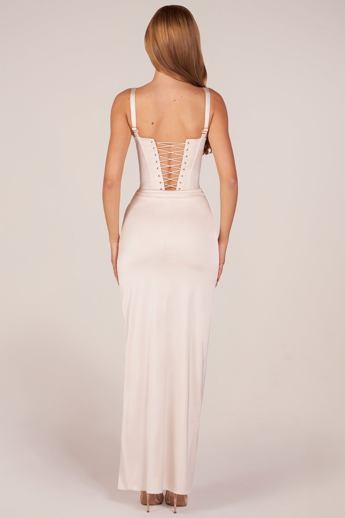 Chic Corseted Thigh-High Split Maxi Dress in Pearl