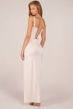 Chic Corseted Thigh-High Split Maxi Dress in Pearl