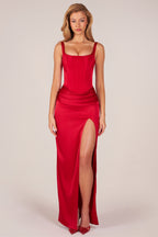 Chic Corseted Thigh-High Split Maxi Dress in Rose Red