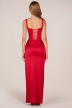 Chic Corseted Thigh-High Split Maxi Dress in Rose Red
