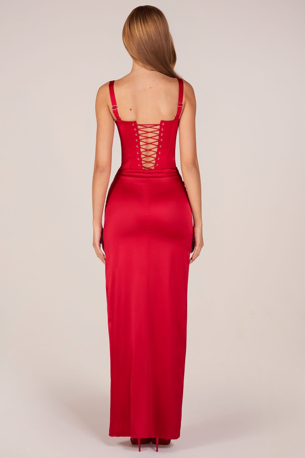 Chic Corseted Thigh-High Split Maxi Dress in Rose Red