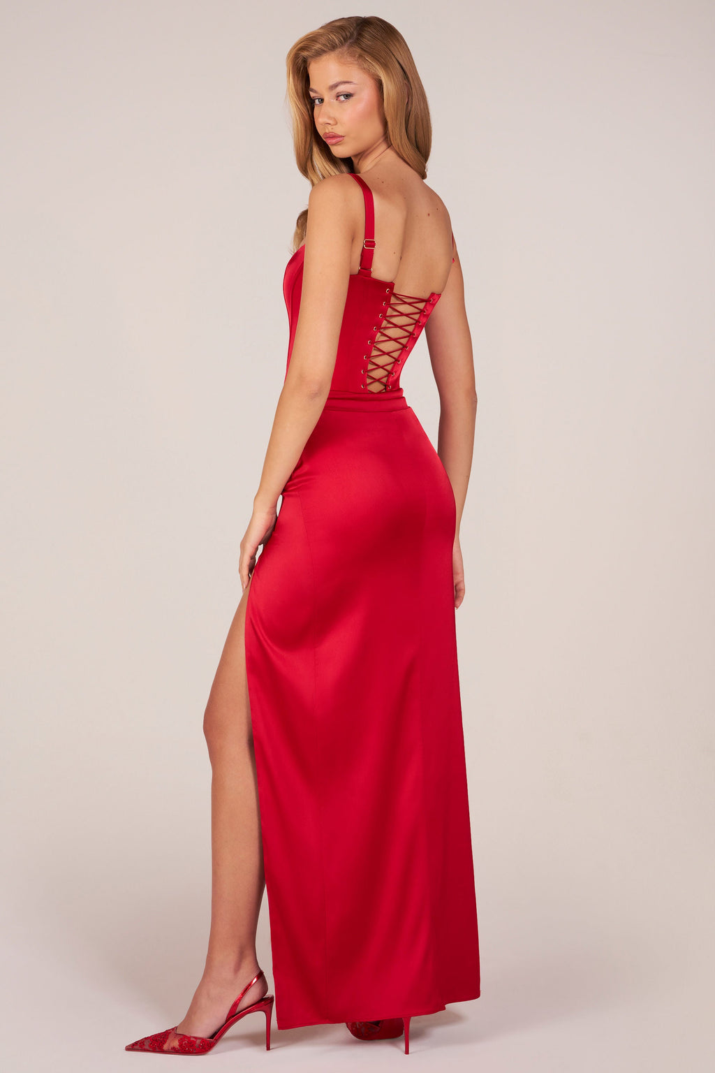 Chic Corseted Thigh-High Split Maxi Dress in Rose Red