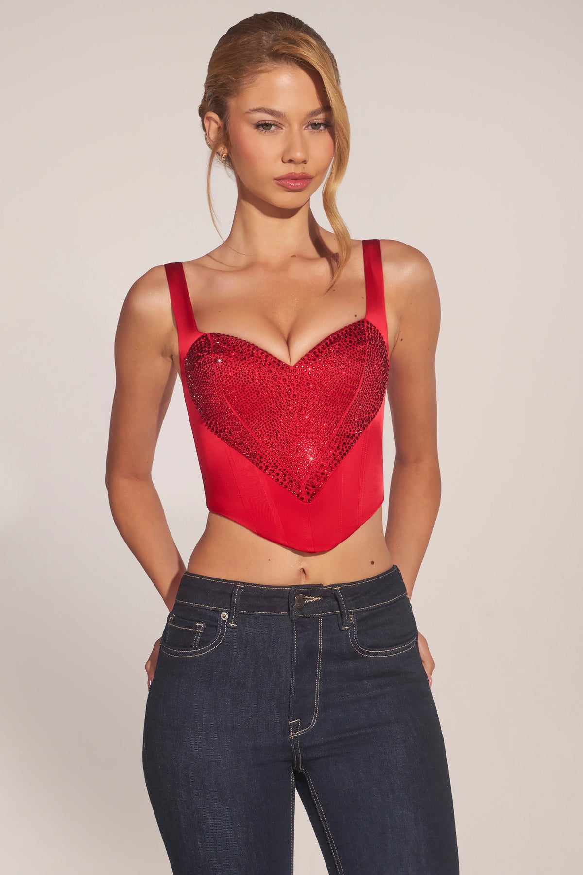 Chic Sweetheart-Neck Lace-Up Corset Top in Cherry