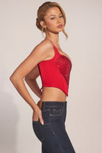 Chic Sweetheart-Neck Lace-Up Corset Top in Cherry
