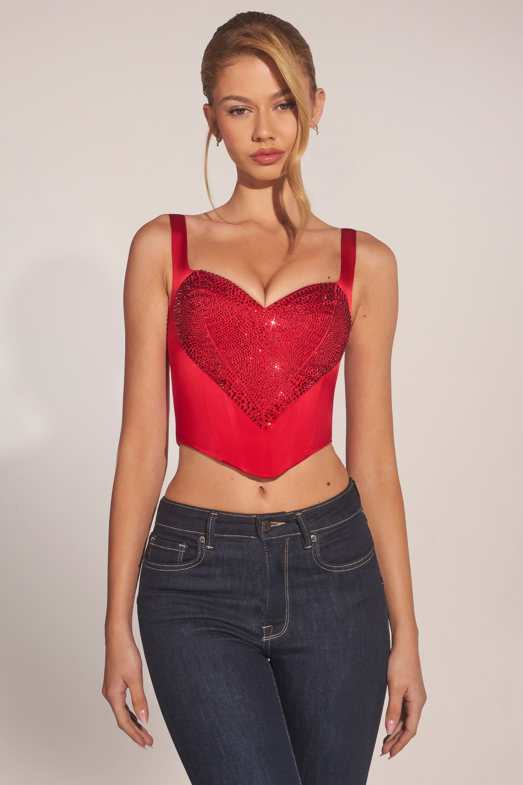 Chic Sweetheart-Neck Lace-Up Corset Top in Cherry