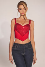Chic Sweetheart-Neck Lace-Up Corset Top in Cherry