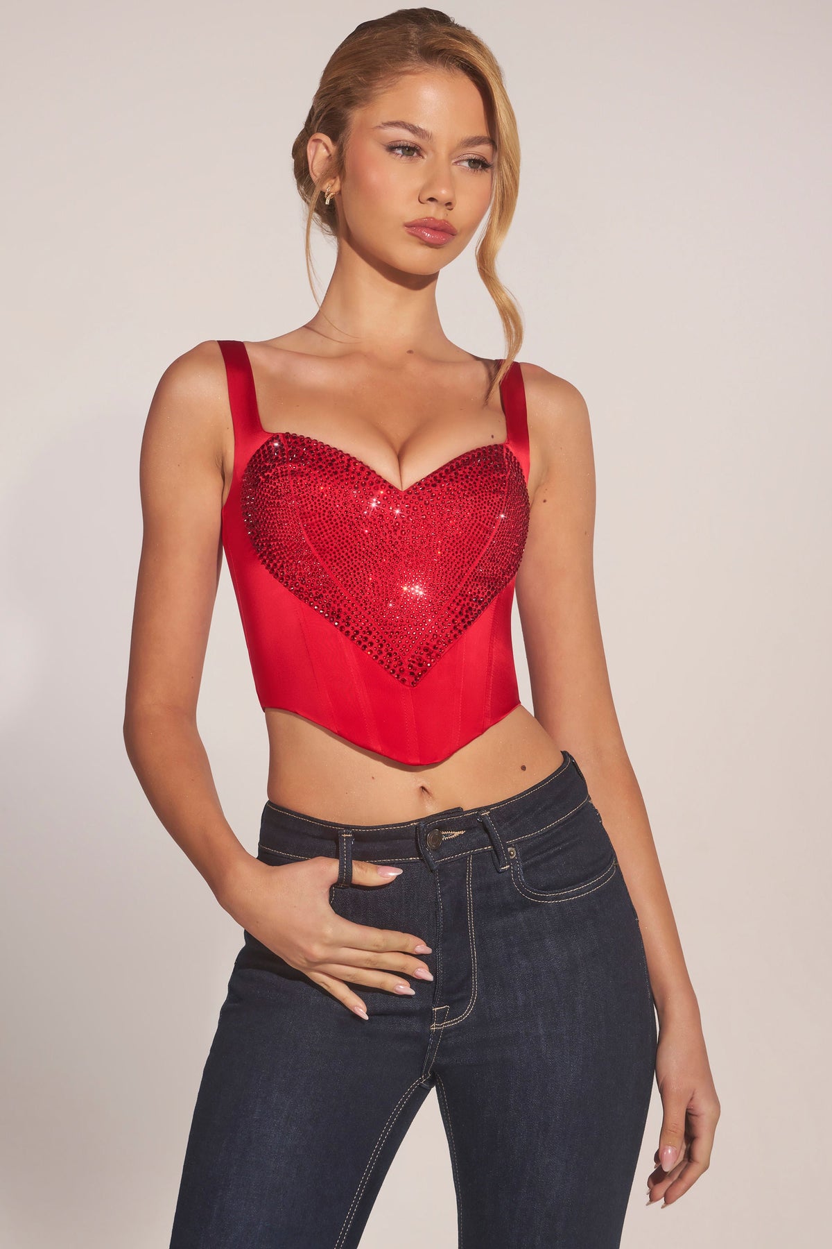 Chic Sweetheart-Neck Lace-Up Corset Top in Cherry