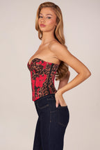 Chic Bandeau Lace-Up Corset Top in Rose Leopard Print