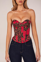 Chic Bandeau Lace-Up Corset Top in Rose Leopard Print