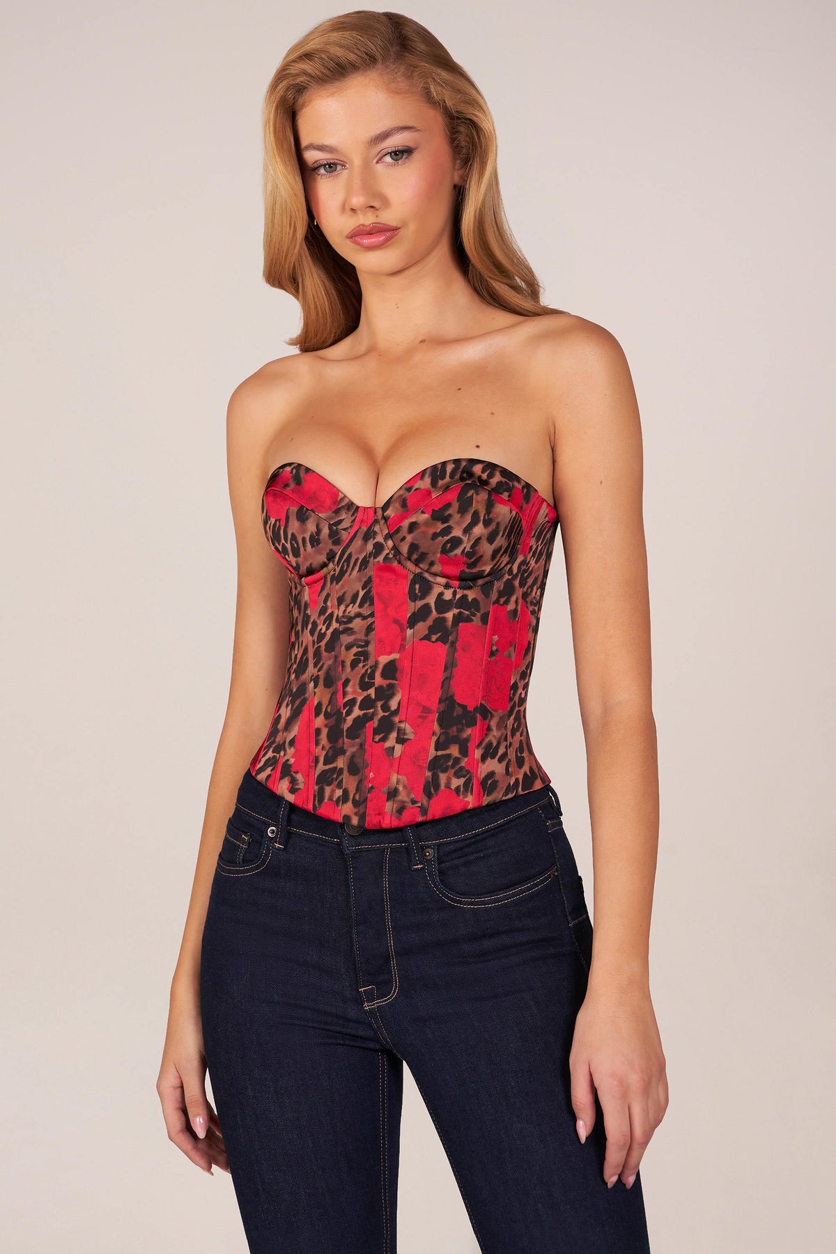Chic Bandeau Lace-Up Corset Top in Rose Leopard Print