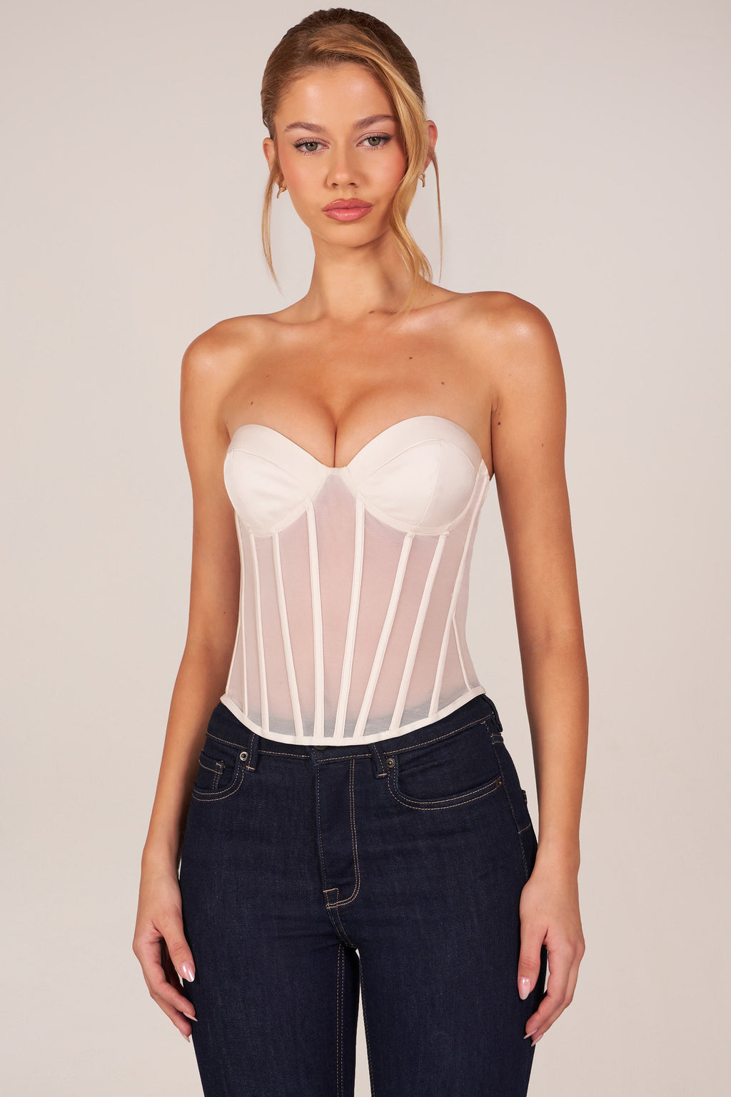 Chic Bandeau Lace-Up Corset Top in Ivory