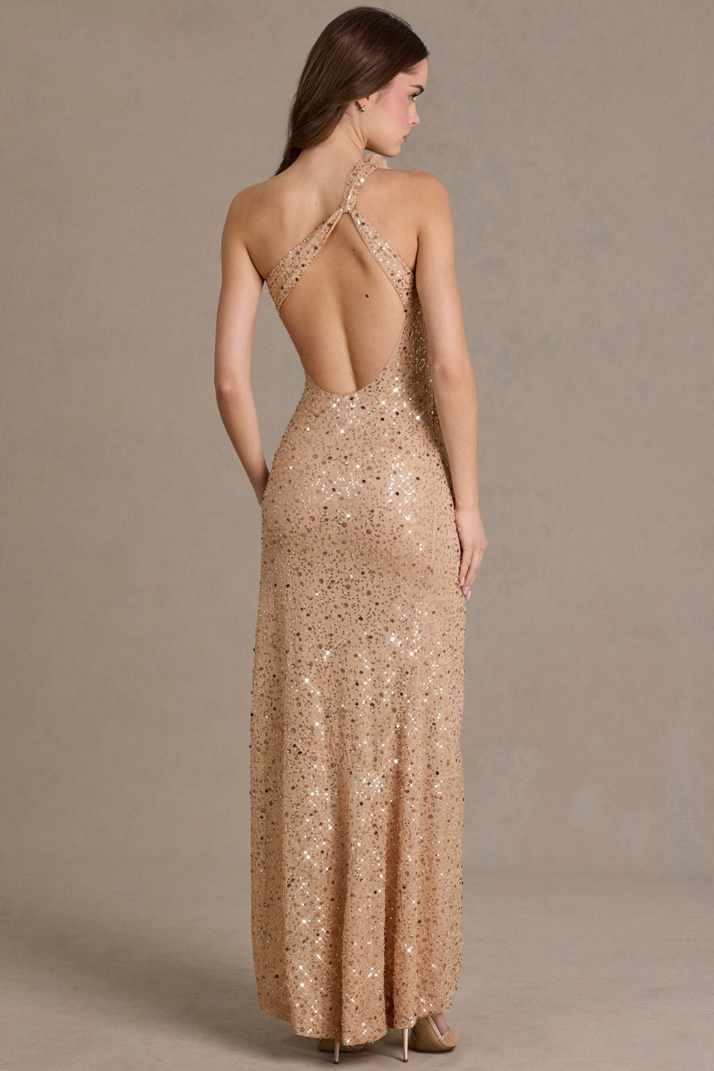 Chic Embellished Asymmetric One-Shoulder Maxi Dress in Sand