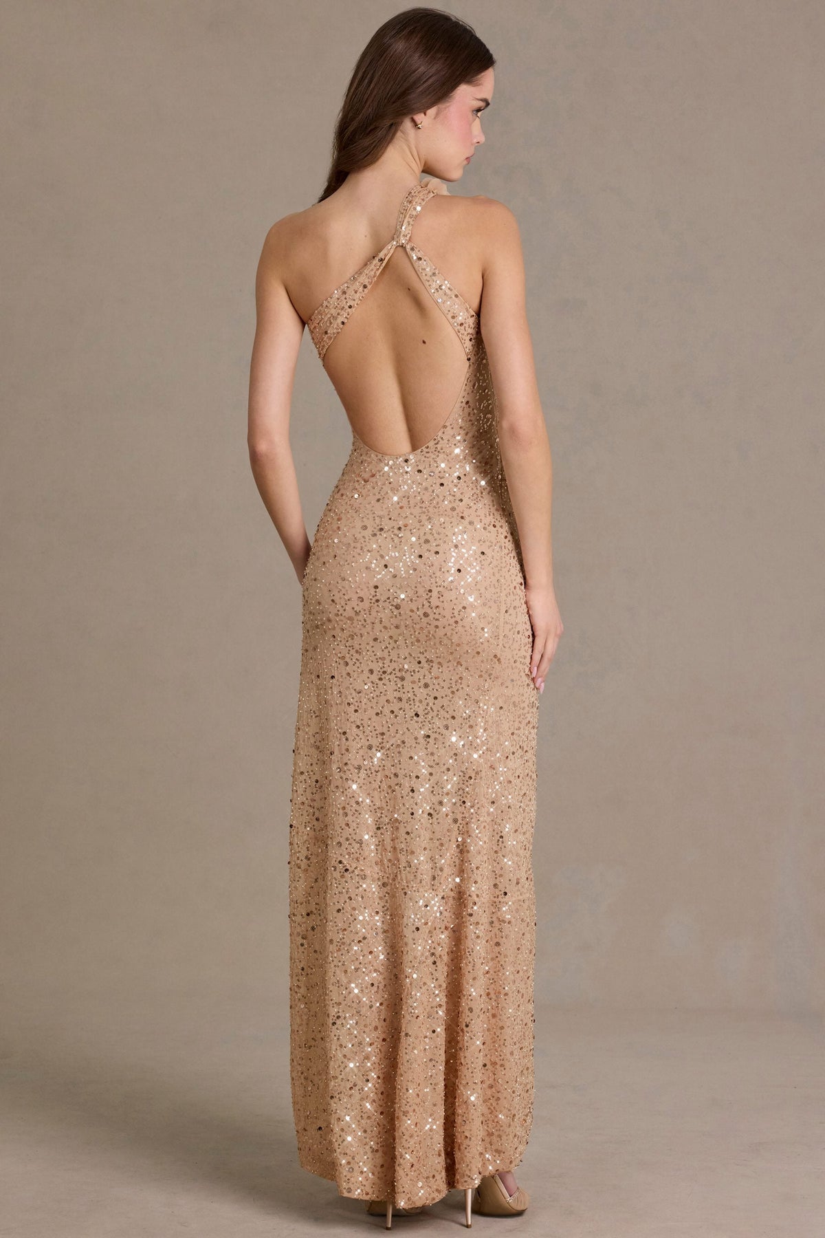 Chic Embellished Asymmetric One-Shoulder Maxi Dress in Sand