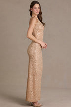 Chic Embellished Asymmetric One-Shoulder Maxi Dress in Sand