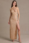 Chic Embellished Asymmetric One-Shoulder Maxi Dress in Sand