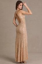 Chic Embellished Asymmetric One-Shoulder Maxi Dress in Sand
