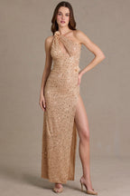 Chic Embellished Asymmetric One-Shoulder Maxi Dress in Sand