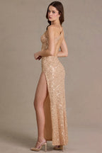 Chic Embellished Asymmetric One-Shoulder Maxi Dress in Sand