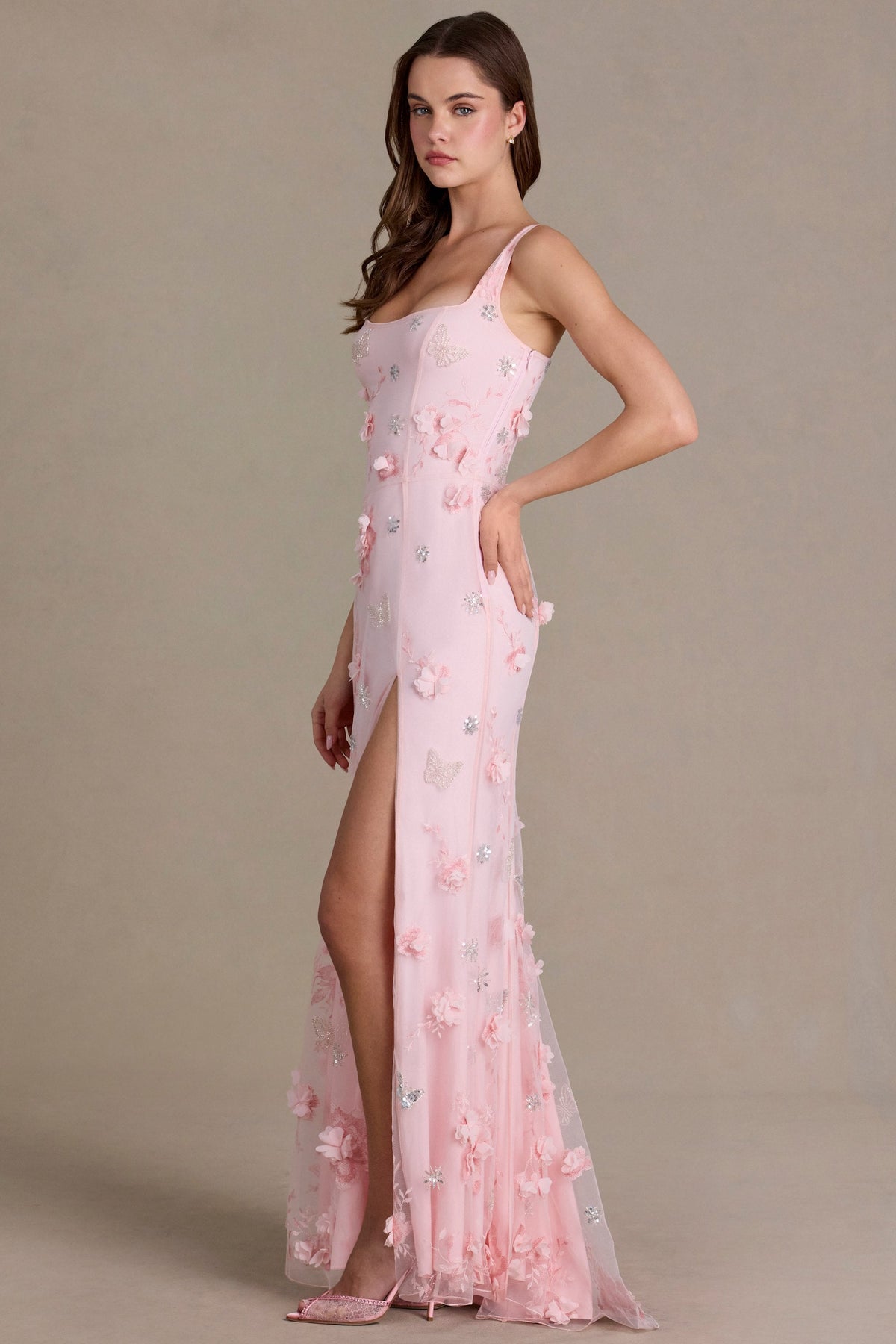 Chic Embellished Corset Gown in Baby Pink