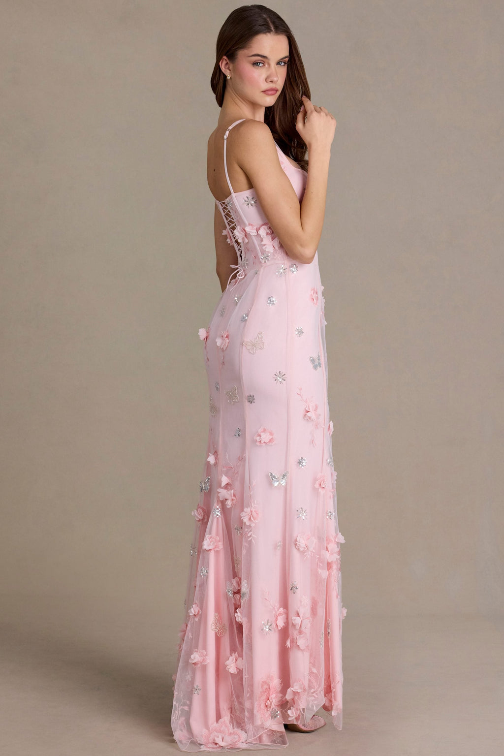Chic Embellished Corset Gown in Baby Pink