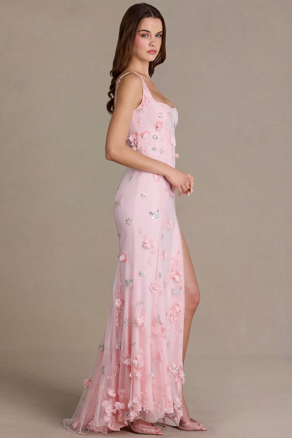 Chic Embellished Corset Gown in Baby Pink