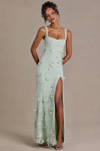 Chic Embellished Corset Gown in Sage Green