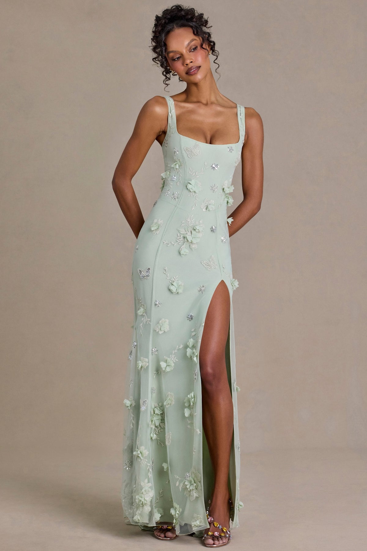 Chic Embellished Corset Gown in Sage Green