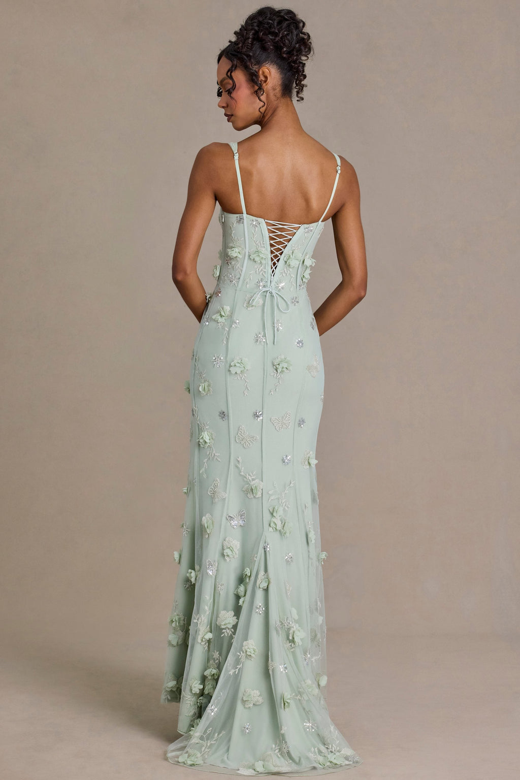 Chic Embellished Corset Gown in Sage Green