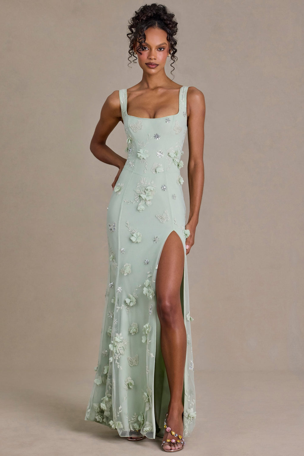 Chic Embellished Corset Gown in Sage Green