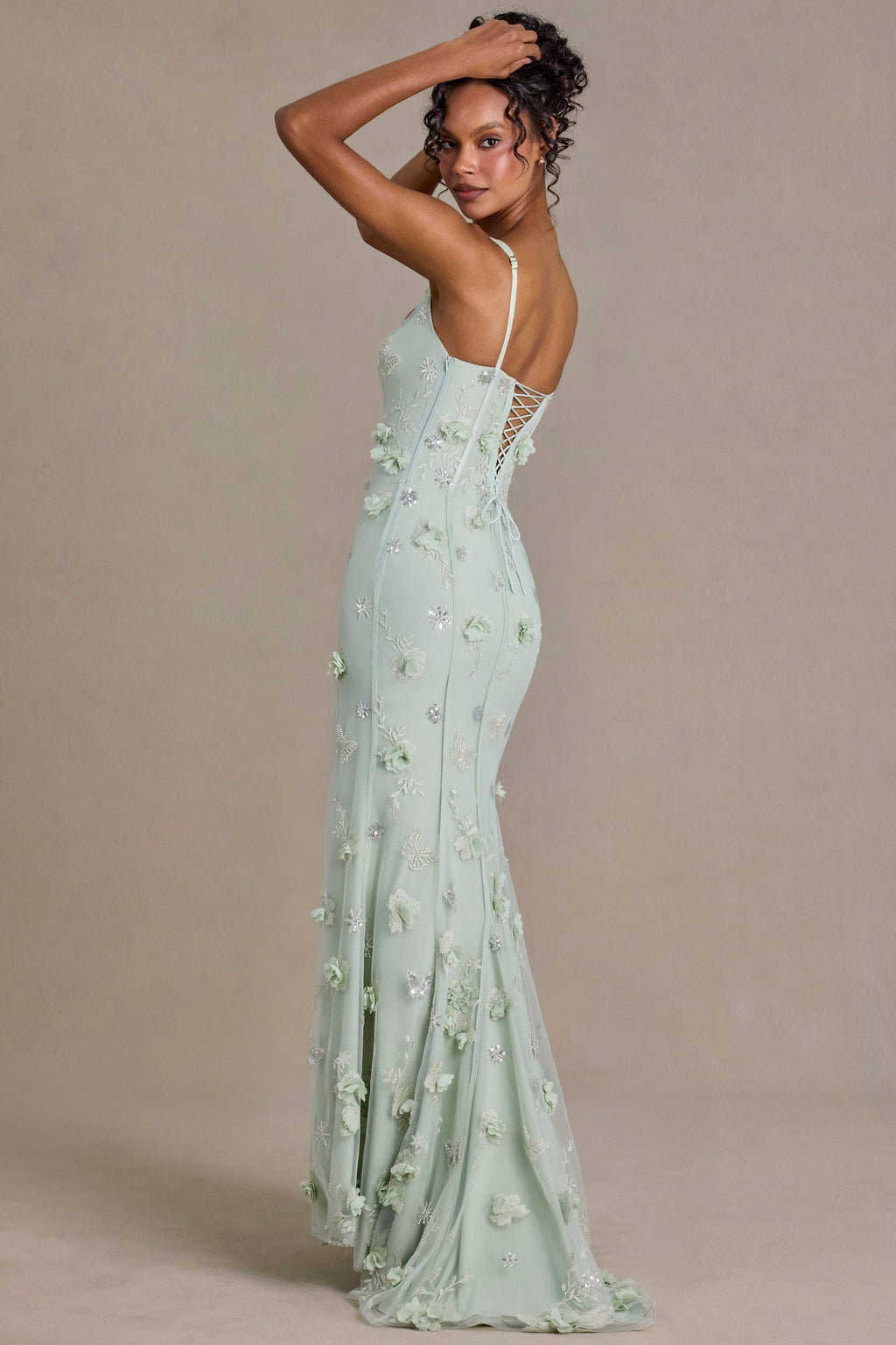 Chic Embellished Corset Gown in Sage Green